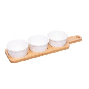 Conjunto 3 Petisqueiras com Bandeja de Bambu Branco
