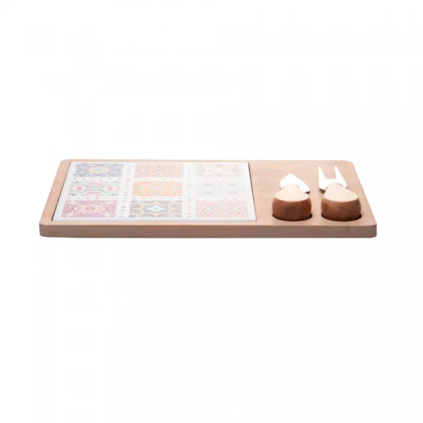 Conjunto 4 Peças para Queijo com Bandeja de Bambu e Tábua Ladrilho 17x25x2cm
