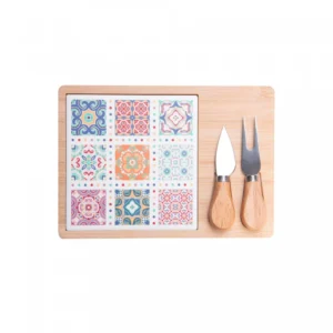 Conjunto 4 Peças para Queijo com Bandeja de Bambu e Tábua Ladrilho 17x25x2cm