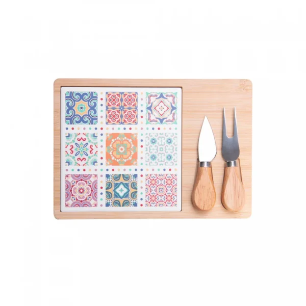 Conjunto 4 Peças para Queijo com Bandeja de Bambu e Tábua Ladrilho 17x25x2cm