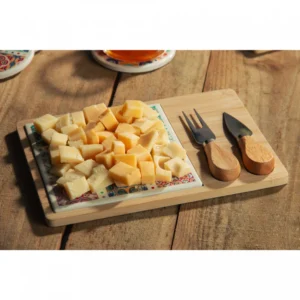 Conjunto 4 Peças para Queijo com Bandeja de Bambu e Tábua Ladrilho 17x25x2cm