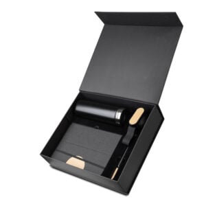 Kit escritório personalizado com caderno, garrafa térmica e caneta em bambu