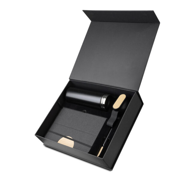 Kit escritório personalizado com caderno, garrafa térmica e caneta em bambu