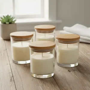 Velas artesanais em vidro com tampa de madeira, sem personalização