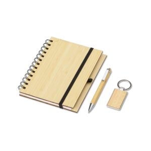 Kit ecológico em bambu com caderneta, caneta e chaveiro