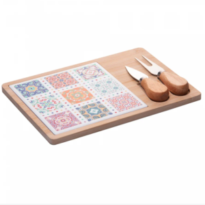 Conjunto 4 Peças para Queijo com Bandeja de Bambu e Tábua Ladrilho 17x25x2cm