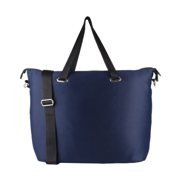 Bolsa esportiva e academia personalizada em tecido mesh azul marinho, vista frontal