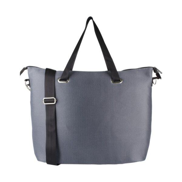 Bolsa esportiva e academia personalizada em tecido mesh cinza, vista frontal