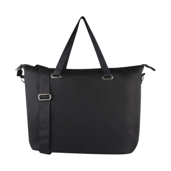 Bolsa esportiva e academia personalizada em tecido mesh preta, vista frontal