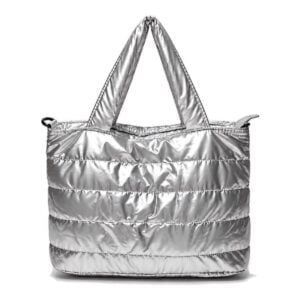 Bolsa puffer tote personalizada prata, vista frontal com alças acolchoadas