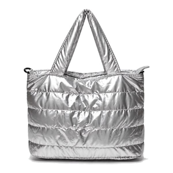 Bolsa puffer tote personalizada prata, vista frontal com alças acolchoadas Bolsa puffer tote personalizada prata, vista frontal com alças acolchoadas