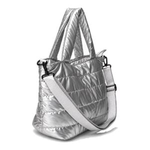Bolsa puffer tote personalizada prata, vista lateral com alça transversal removível