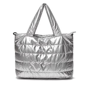 Bolsa puffer tote personalizada prata, vista frontal com alças acolchoadas