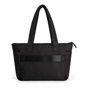 Bolsa tote puffer personalizada em nylon matelassê preto com bolso frontal