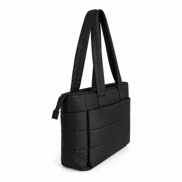 Bolsa tote puffer personalizada em nylon matelassê preto, vista lateral