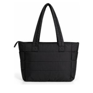 Bolsa tote puffer personalizada em nylon matelassê preto, vista frontal