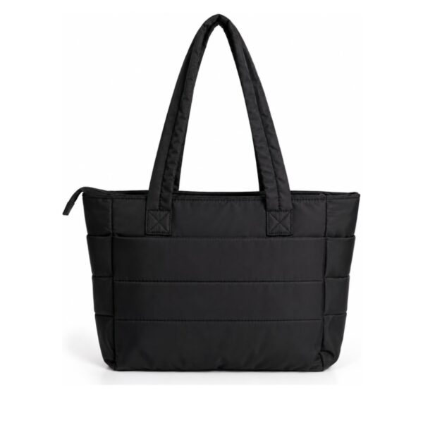Bolsa tote puffer personalizada em nylon matelassê preto, vista frontal Bolsa tote puffer personalizada em nylon matelassê preto, vista frontal
