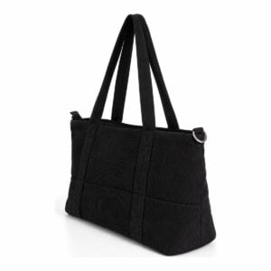 Bolsa tote personalizada em veludo cotelê preto, vista lateral com alça transversal