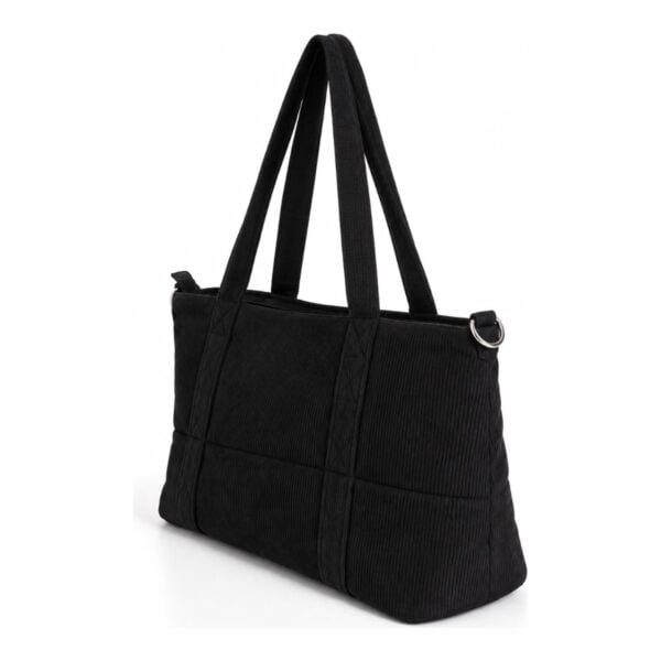 Bolsa tote personalizada em veludo cotelê preto, vista lateral com alça transversal