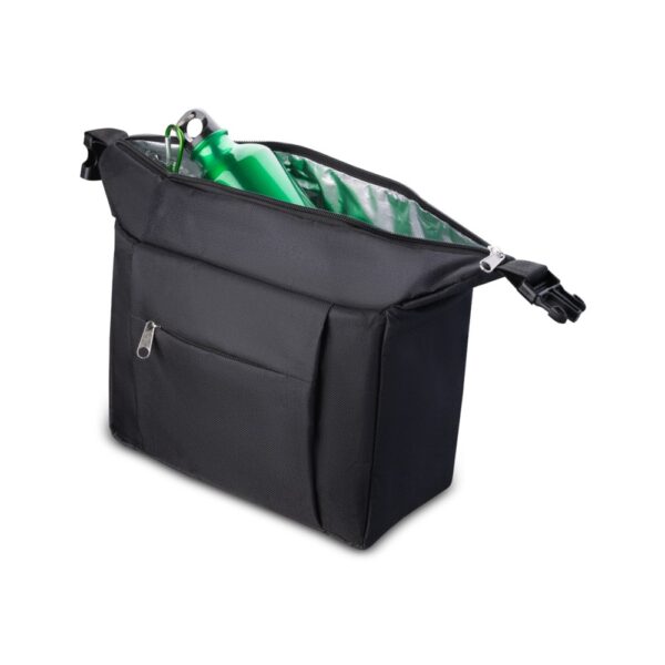 Bolsa térmica personalizada BT318P aberta, mostrando o forro térmico e uma garrafa