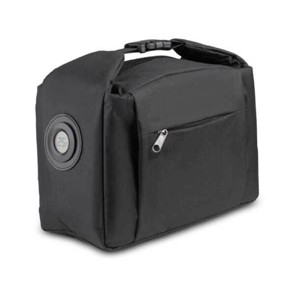 Bolsa térmica personalizada BT318P preta com marcador de temperatura embutido, vista em perspectiva