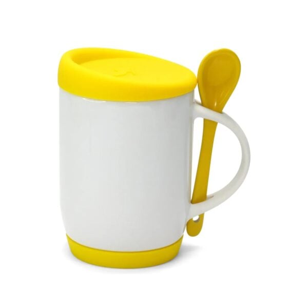 Caneca de Cerâmica com Colher, Tampa e Base de Silicone Personalizada CA0325, amarela (11821)