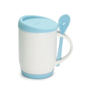 Caneca de Cerâmica com Colher, Tampa e Base de Silicone Personalizada CA0325, azul bebê (12080)