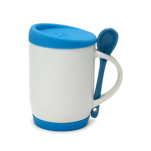Caneca de Cerâmica com Colher, Tampa e Base de Silicone Personalizada CA0325, azul claro (11819)
