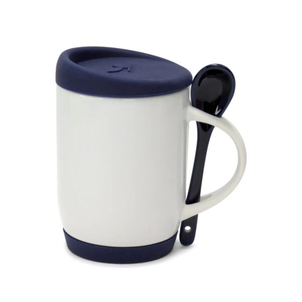 Caneca de Cerâmica com Colher, Tampa e Base de Silicone Personalizada CA0325, azul escuro (11820)
