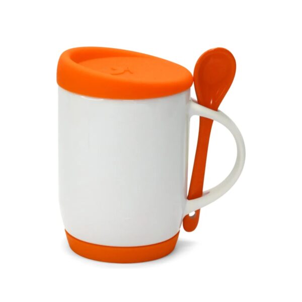Caneca de Cerâmica com Colher, Tampa e Base de Silicone Personalizada CA0325, laranja (11795)