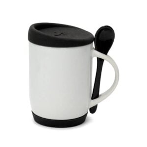 Caneca de Cerâmica com Colher, Tampa e Base de Silicone Personalizada CA0325, preto (11794)