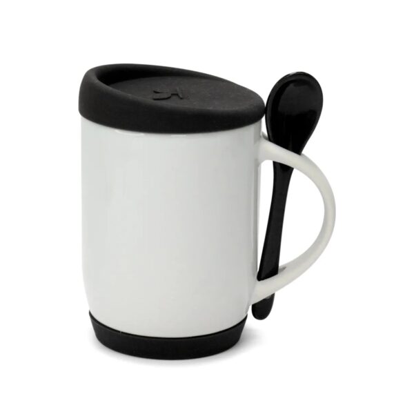 Caneca de Cerâmica com Colher, Tampa e Base de Silicone Personalizada CA0325, preto (11794)