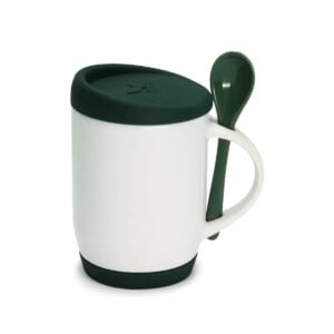 Caneca de Cerâmica com Colher, Tampa e Base de Silicone Personalizada CA0325, verde escuro (12082)