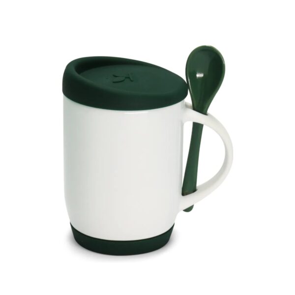 Caneca de Cerâmica com Colher, Tampa e Base de Silicone Personalizada CA0325, verde escuro (12082)