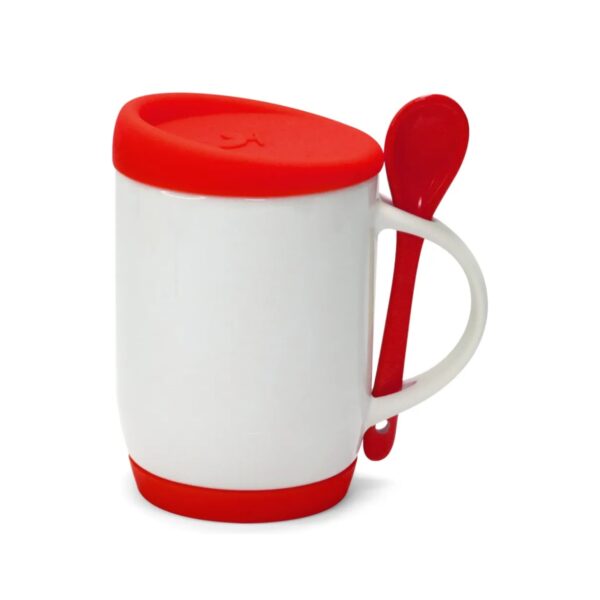 Caneca de Cerâmica com Colher, Tampa e Base de Silicone Personalizada CA0325, vermelha (11941)