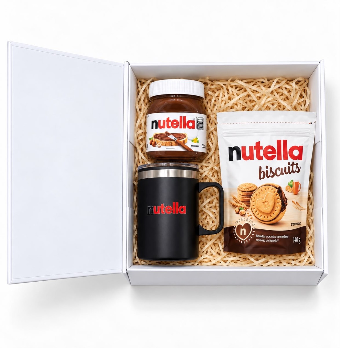 Kit Nutella com caneca térmica e biscoitos em caixa branca, desenvolvido pela Enova