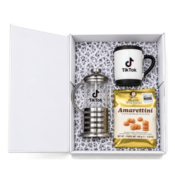 Kit Café com Prensa Francesa e Biscoitos Personalizado KT109, caixa aberta