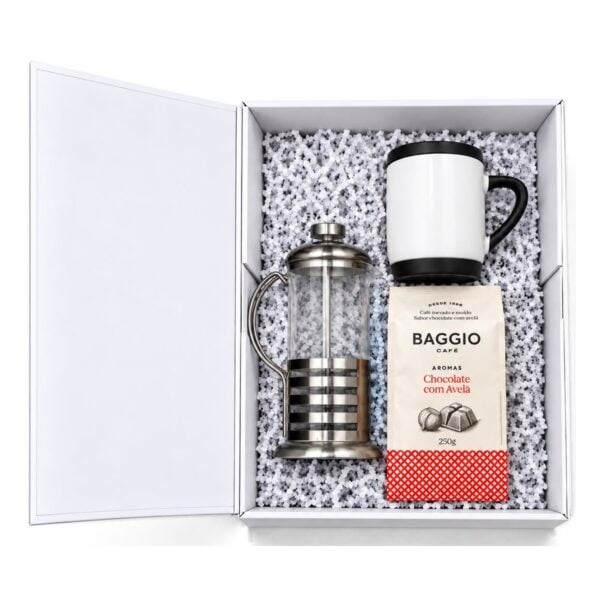 Kit Prensa Francesa com Café Moído Personalizado KT114, caixa aberta