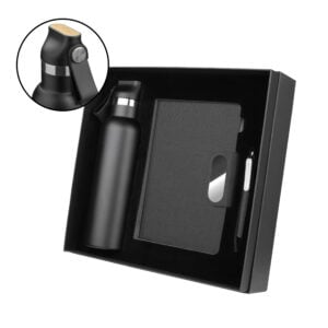 Kit escritório personalizado com caderno A5, garrafa térmica e caneta