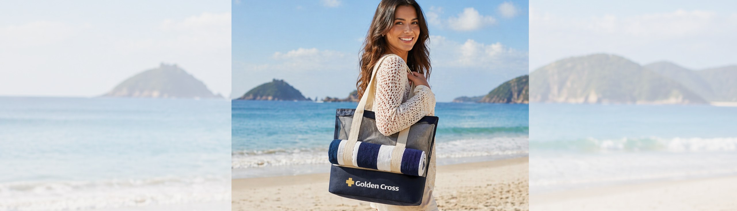 Bolsa personalizada com logo Golden Cross em praia, brinde corporativo fabricado no Brasil pela Enova