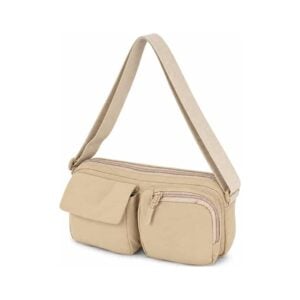 Bolsa de ombro personalizada em nylon bege, vista frontal com alça ajustável