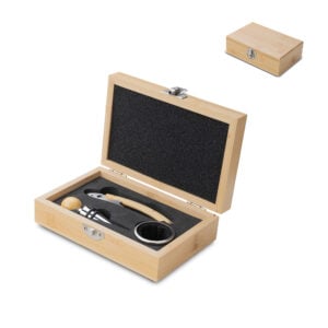Kit Vinho 3 Peças em Estojo de Bambu Personalizado KV0160P - Enova Brindes Personalizados