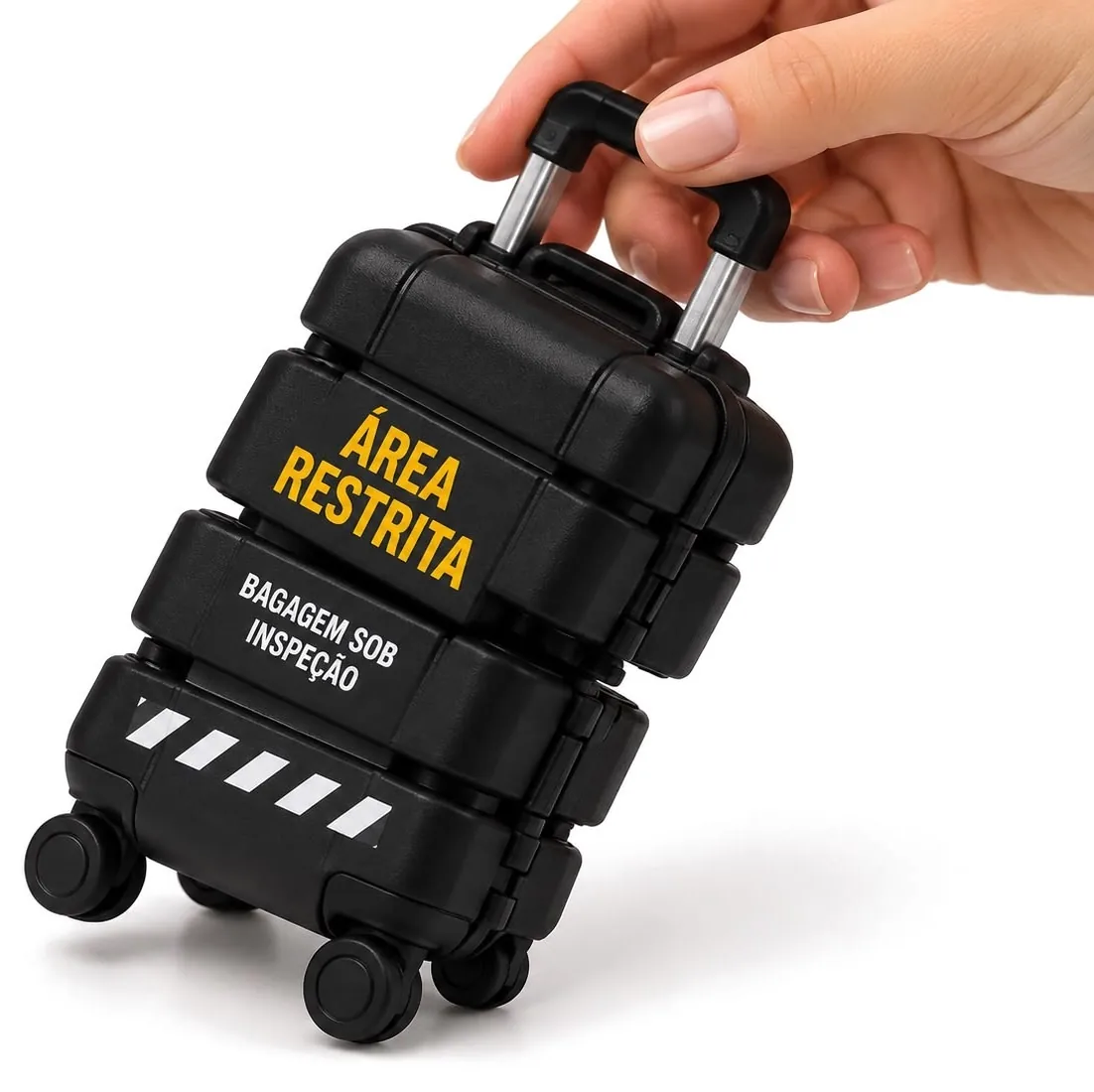 Mão segurando mala em miniatura impressa em 3D com mensagem personalizada, exemplo de brinde 3D personalizado