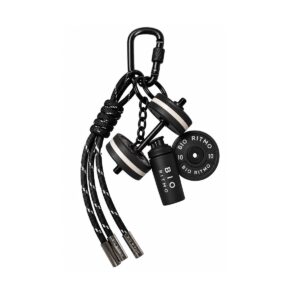 Chaveiro 3D Personalizado 3D100 com mosquetão, cordão e miniaturas de halter, anilha e coqueteleira na cor preta