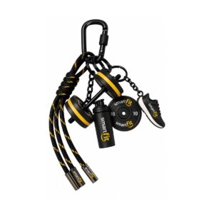 Chaveiro 3D Personalizado 3D100 com miniaturas de halter, anilha, coqueteleira e tênis em preto e amarelo