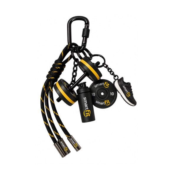 Chaveiro 3D Personalizado 3D100 com miniaturas de halter, anilha, coqueteleira e tênis em preto e amarelo
