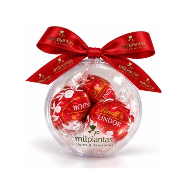 Kit Bola de Natal Personalizada com Chocolates KT115, bola de acrílico com fita de cetim personalizada com a marca da empresa