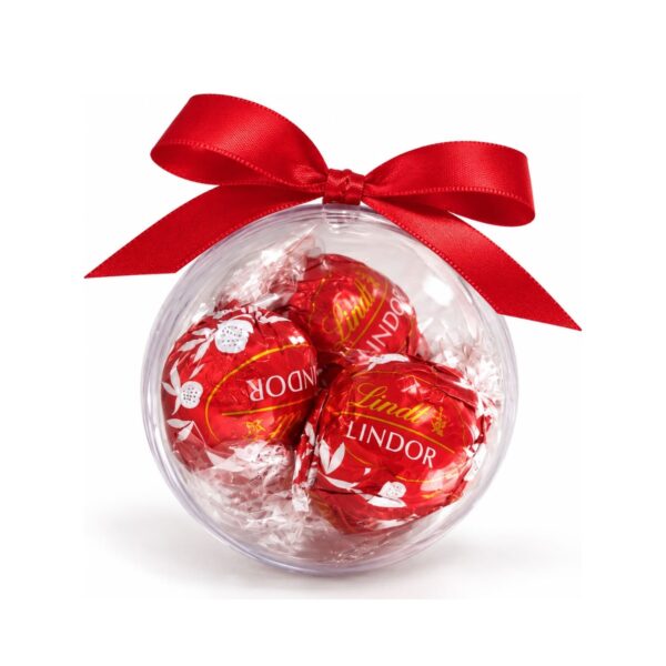 Kit Bola de Natal Personalizada com Chocolates KT115, bola de acrílico transparente com chocolates e laço de cetim