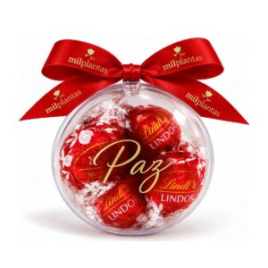 Kit Bola de Natal Personalizada com Chocolates KT115, bola de acrílico com a mensagem Paz e laço de cetim