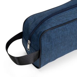 Nécessaire Oxford azul, detalhe do zíper e da alça lateral